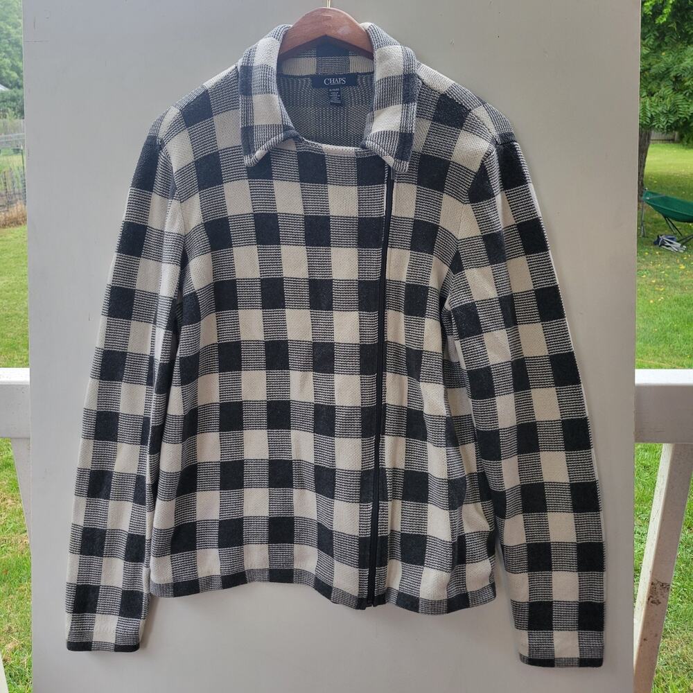 Chaps Moto Sweater Jacket Womens XL Black White Buffalo Plaid Zip Up Excellent